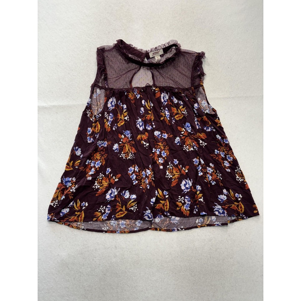 Arizona Jean Co. Blouse Juniors XL Purple Floral Mesh Mock Neck Ruffle Sheer